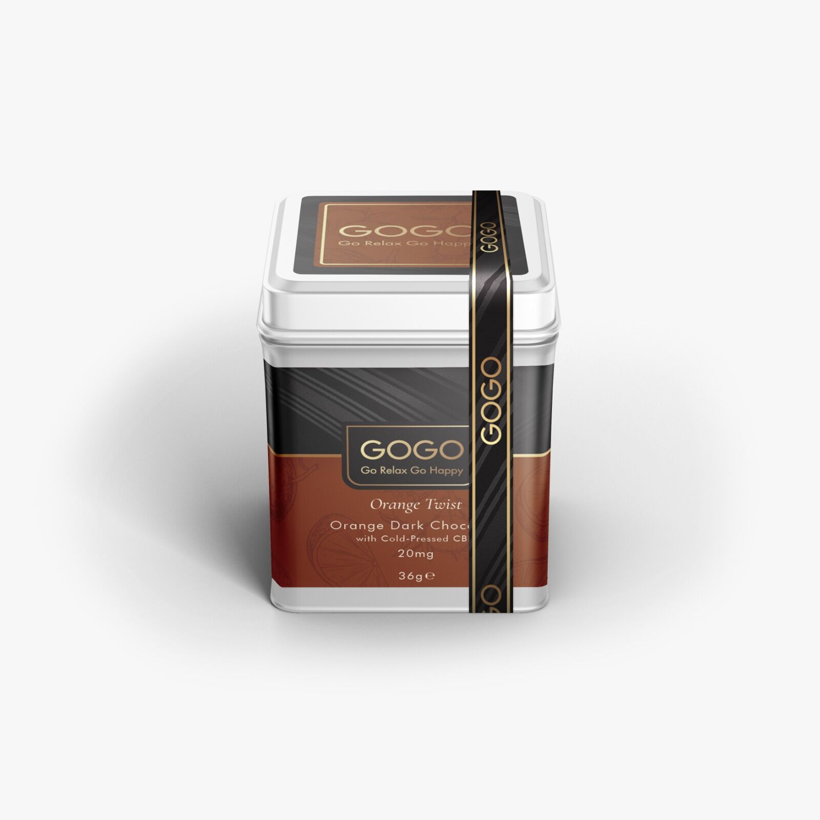 Dark chocolate infused with orange and cold-pressed CBD in a gift tin from Gogo Green Organics